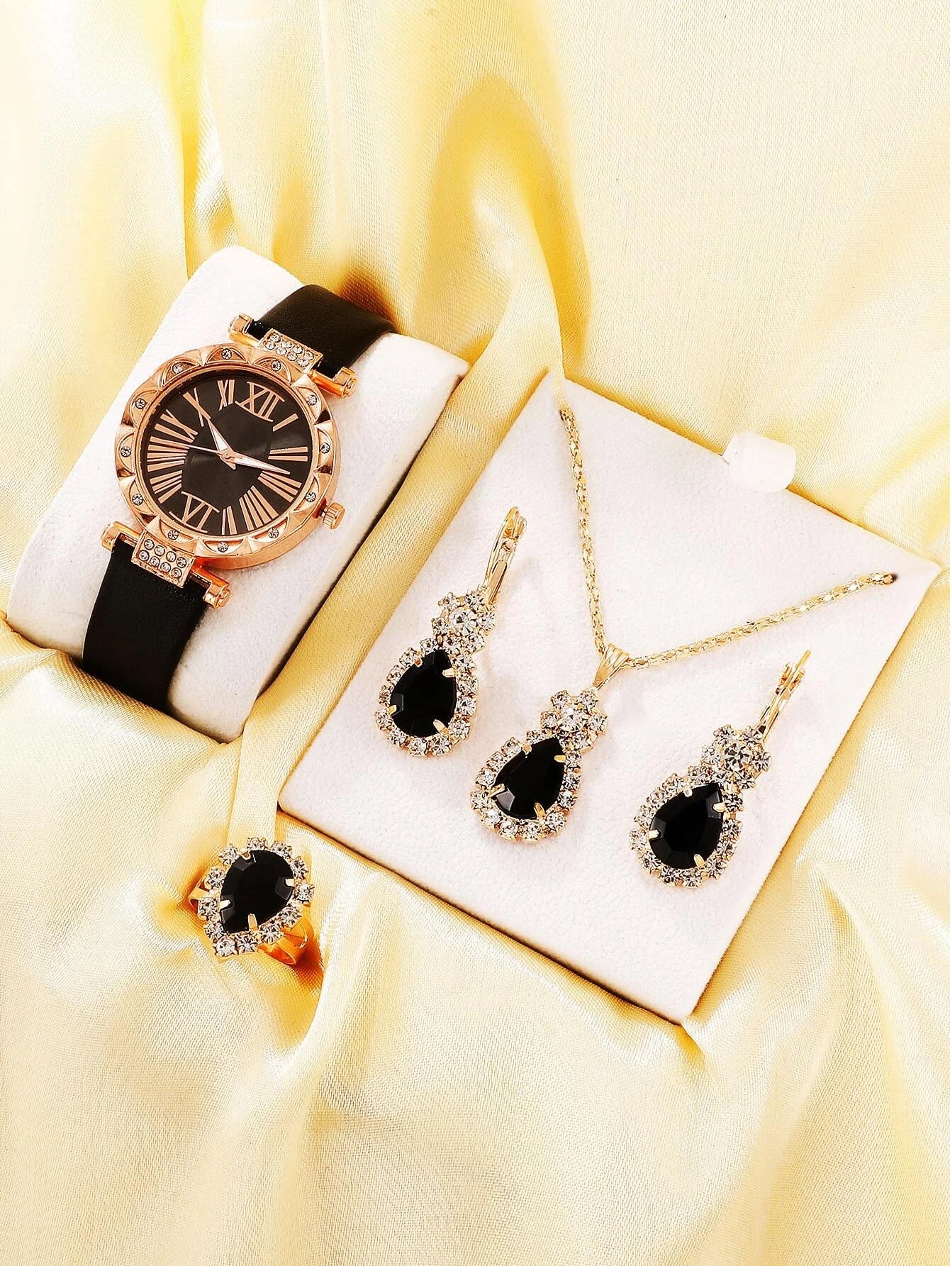 1pc Women Black PU Polyurethane Strap Glamorous Rhinestone Decor Round Dial Quartz Watch & 4pcs Cubic Zirconia Water-drop Decor Jewelry Set, For Daily Life