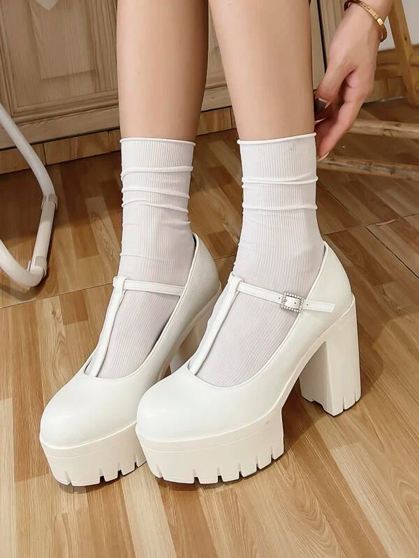 Women Rhinestone Decor Platform Mary Jane Shoes Elegant White Wedge Shoes