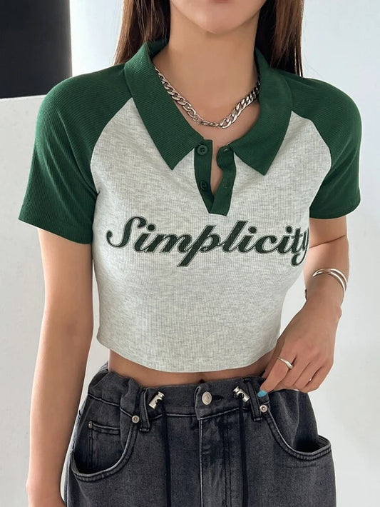 DAZY Letter Graphic Polo Neck Contrast Raglan Sleeve Crop Tee