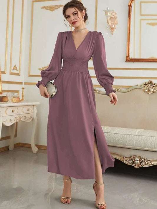 Solid Shirred Waist Lantern Sleeve Split Thigh Dress