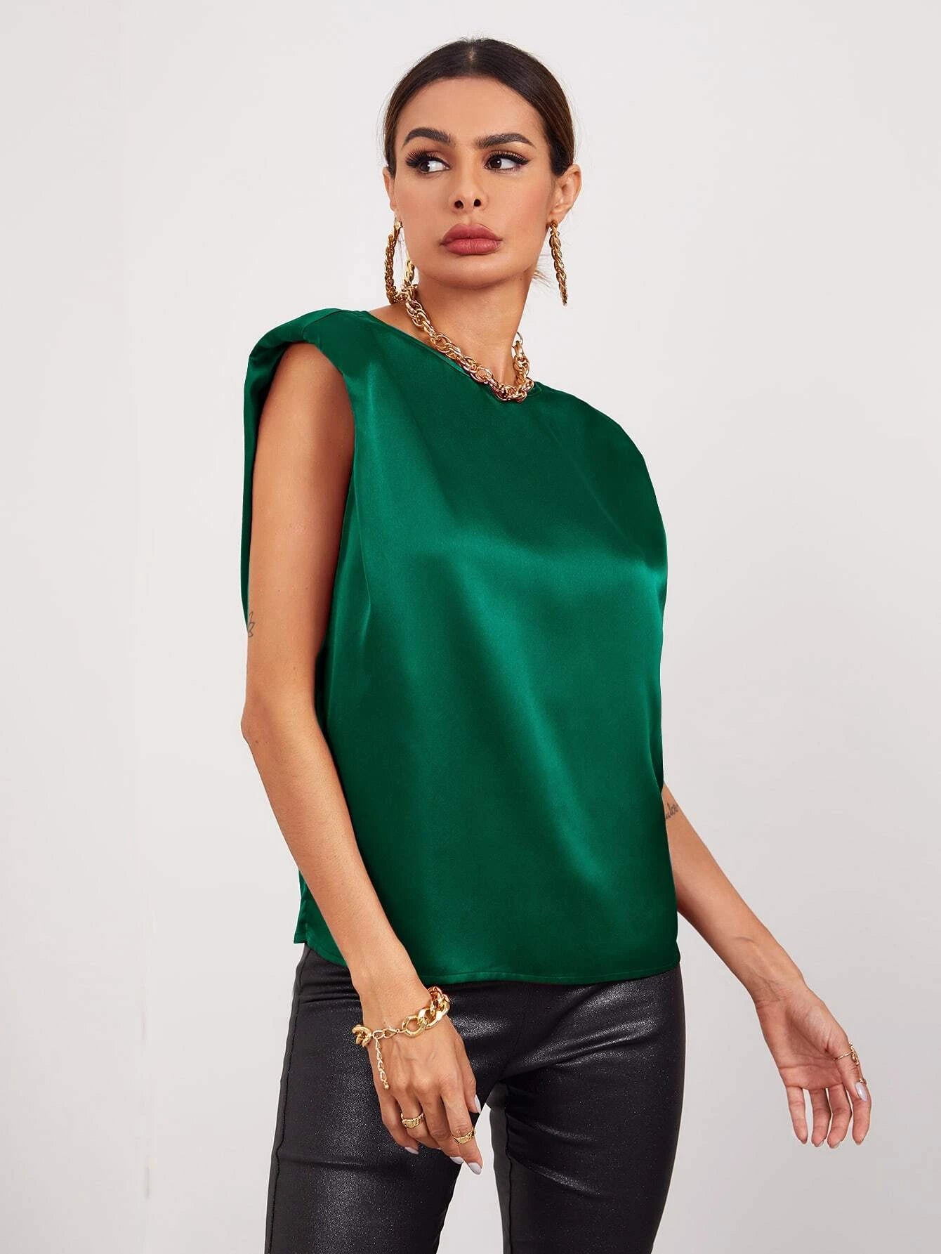 SHEIN Unity Solid Sleeveless Shoulder Pad Satin Top